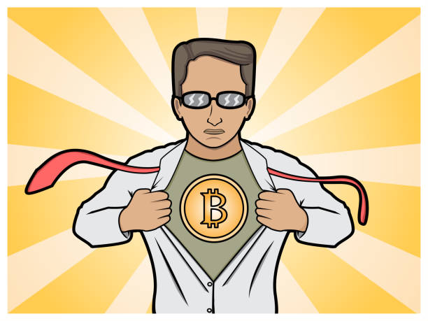 illustration of a man opening his shirt to show a bitcoin logo vector art illustration