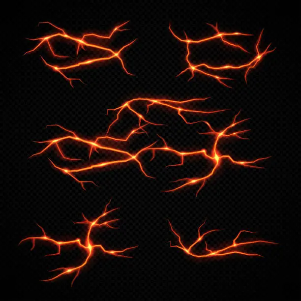 Vector illustration of Ground cracks with molten lava isolated on a black background. Volcano magma glow texture in cracking holes. Volcanic fissures set with hot magma, abstract vector elements.