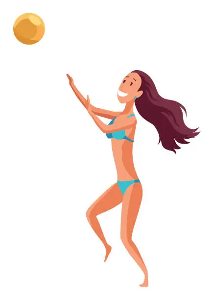Vector illustration of Woman playing summer beach volleyball set. Volley ball player in action during active sport game. Flat graphic vector illustrations isolated on white