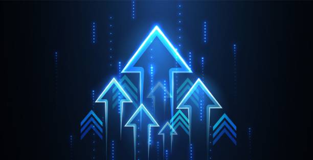 istock Up arrows on deep blue background space with one big arrow. 1846840396