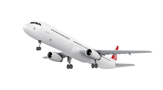 Realistic 3D model of an airplane flying in the air isolated on white background. Passenger plane sky flying. Vector Illustration