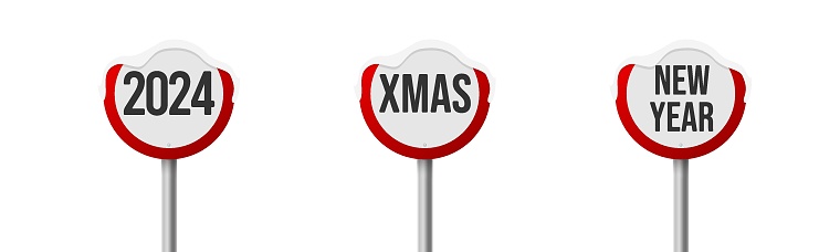 Road signs with inscription: xmas, 2024, new year