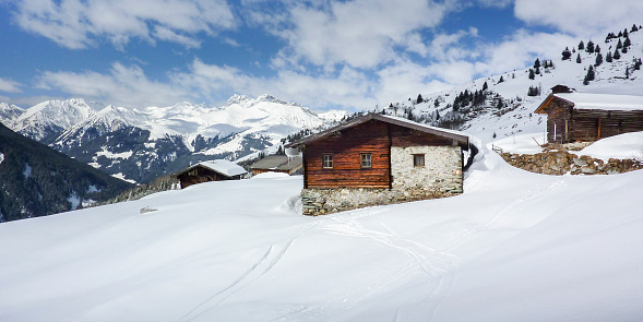 High mountain landscape with sun in the French Alps (La Grave, La Meije)