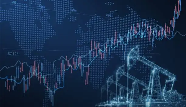 Vector illustration of Digital screen showcasing financial chart graphs and oil pumps field.