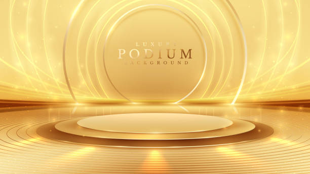 istock Golden empty podium on brown background with neon light effect with bokeh decoration. Elegant scene design concept for marketing promotion. 1846853562