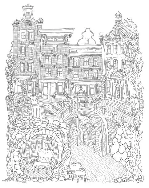 Vector illustration of Fairy tale old medieval town houses street, stone arch bridge over the river, underground shelter with furniture. Adults coloring book page