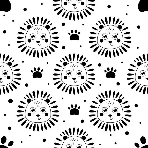 Vector illustration of Black and white animal face seamless pattern. Cute lion face digital paper. Lion head pattern in cartoon flat style.