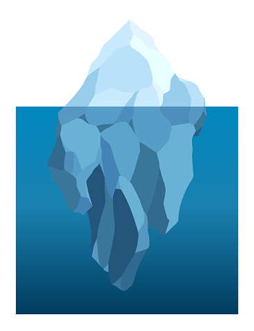 Iceberg floating in water. Arctic glacier. Futuristic polygonal illustration on blue background. Huge white block of ice drifts with massive underwater part.