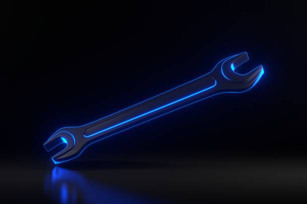 istock Wrench with bright glowing futuristic blue neon lights on black background 1846863017
