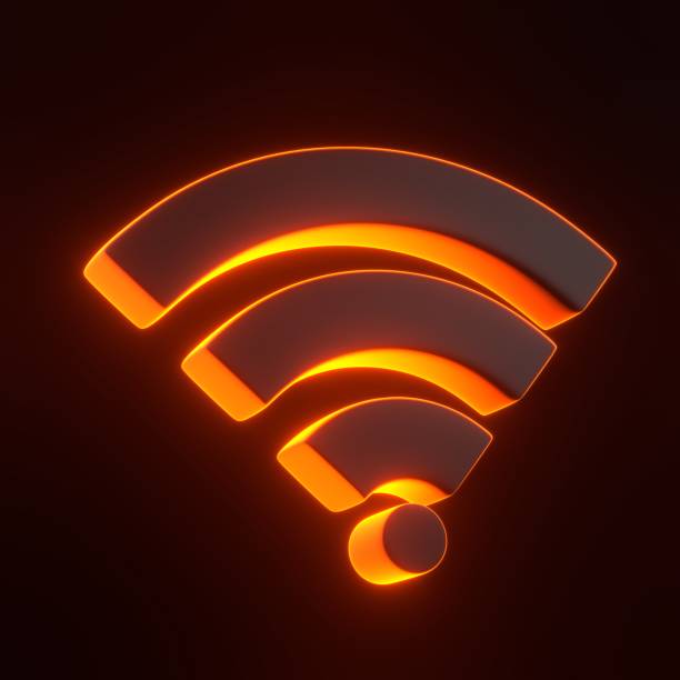Wireless network symbol with bright glowing futuristic orange neon lights on black background. Wi-Fi icon design concept. Wifi sign. 3D render illustration