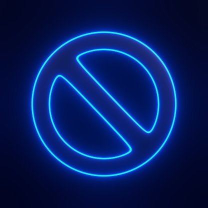 Forbidden symbol with bright glowing futuristic blue neon lights on black background. 3D icon, sign and symbol. Front view. 3D render illustration