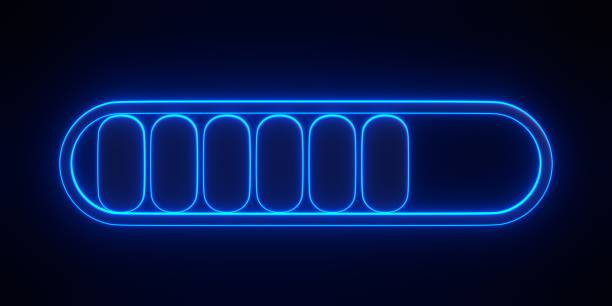 Minimal progress bar part symbol with bright glowing futuristic blue neon lights on black background Minimal progress bar part symbol with bright glowing futuristic blue neon lights on black background. Loading concept. 3D render illustration download festival stock pictures, royalty-free photos & images