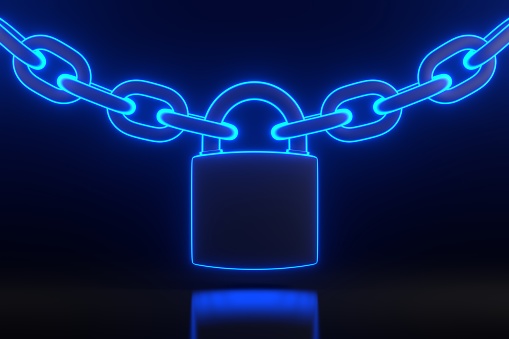 Padlock and chain with bright glowing futuristic blue neon lights on black background. Security concept. 3D render illustration