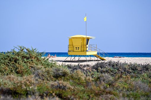 Jandia, Fuerteventura, Spain, November 27, 2023 - Lifeguard tower on the beach of Jandia / Matorral Beach, Fuerteventura, Spain.