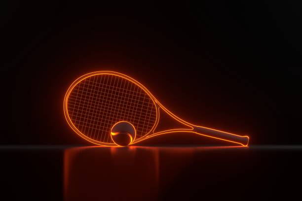 racchetta da tennis e pallina da tennis con luci al neon arancioni futuristiche luminose su sfondo nero - tennis ball court tennis tennis racket foto e immagini stock