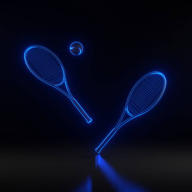 raquette de tennis et balle de tennis avec des néons bleus futuristes brillants sur fond noir - racket sport tennis ball tennis equipment photos et images de collection