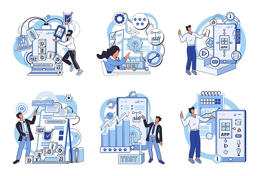 Application testing metaphor. Vector illustration. Application testing, quality assurance step in software lifecycle App test, proving ground where apps robustness is checked Software testing