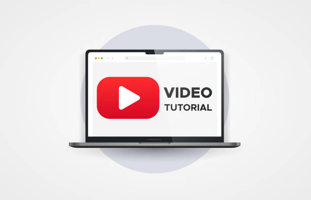 stockillustraties, clipart, cartoons en iconen met video tutorial laptop mockup 3d design - handleiding