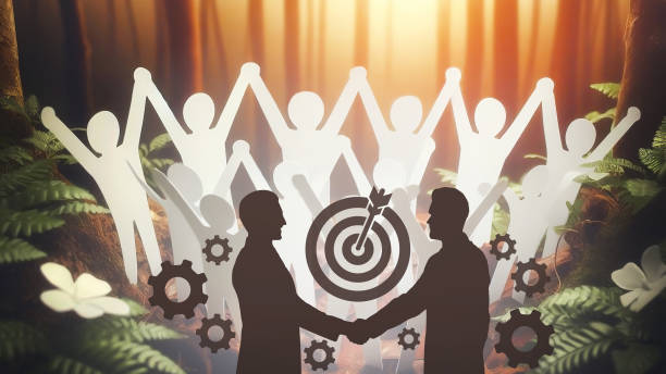 istock Leaders with business goals and collaborations to develop new knowledge to succeed. nature background, colleagues, paper cutting, team, relaxation, care, arrow, journey, banner, 3D rendering 1846900407