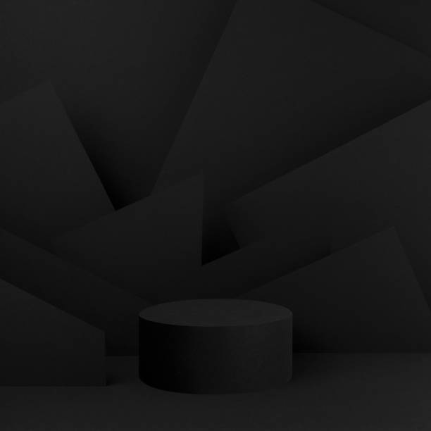 istock Abstract stage mockup with one black round podium with angles, lines, corners pattern for presentation cosmetic products, goods, advertising, design, black background. Abstract scene in fashion style. 1846906501