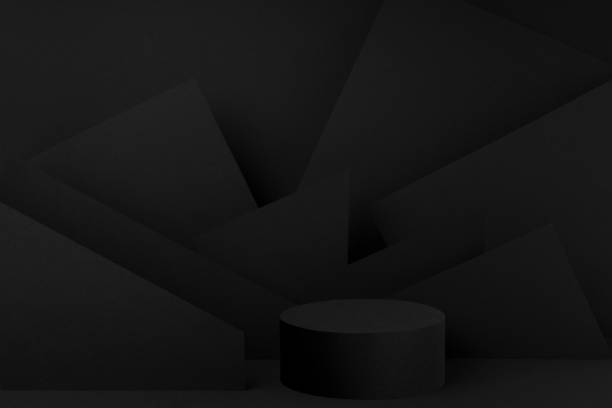istock Abstract one black round podium with geometric pattern on wall for cosmetic products, mockup on black background. Black stage template in futuristic style for showing products, advertising, design. 1846908712