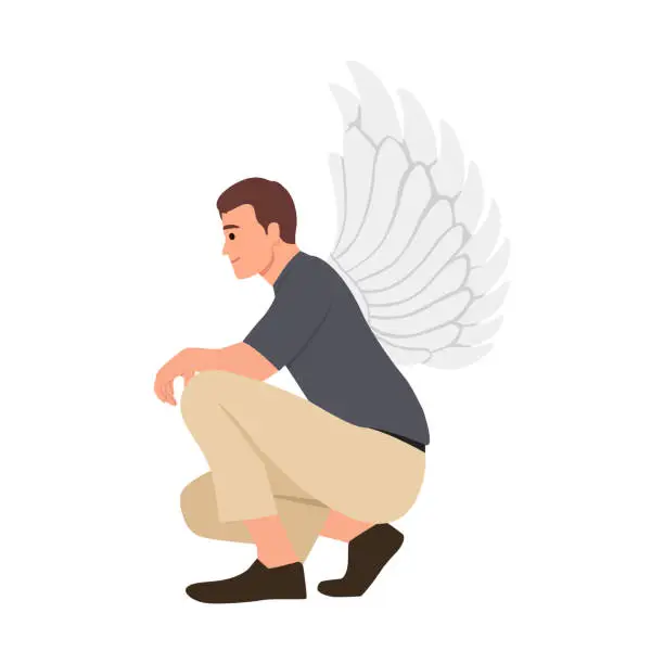 Vector illustration of A beautiful and self confident businessman with wings. Kneeling down.