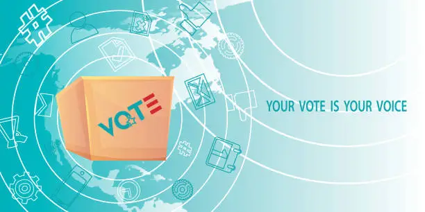 Vector illustration of Electronic voting concept for elections in flat style. Vote in the USA, banner design. Ballot box on the background of a map of America with political icons. Poster for voting in elections.