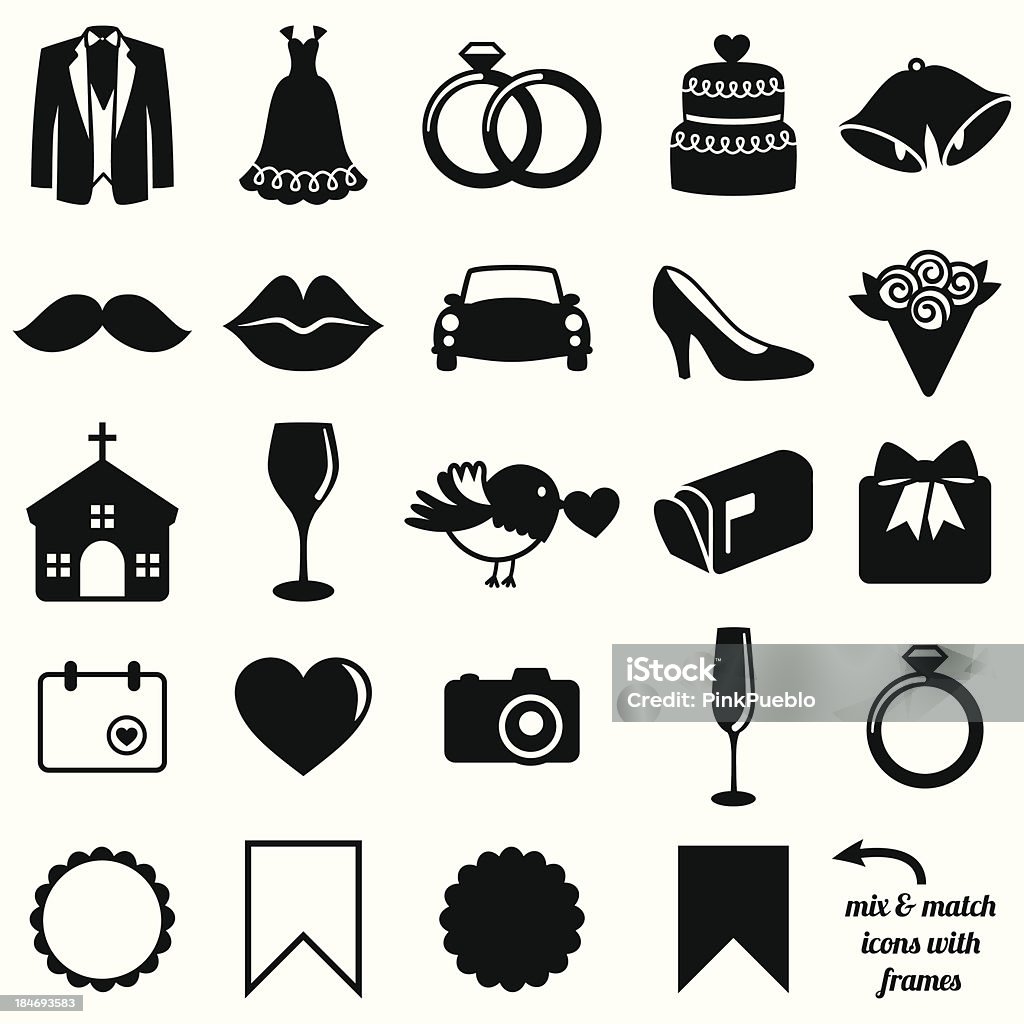 Vector coleção de ícones de casamento e silhuetas com Frames - Royalty-free Casamento arte vetorial