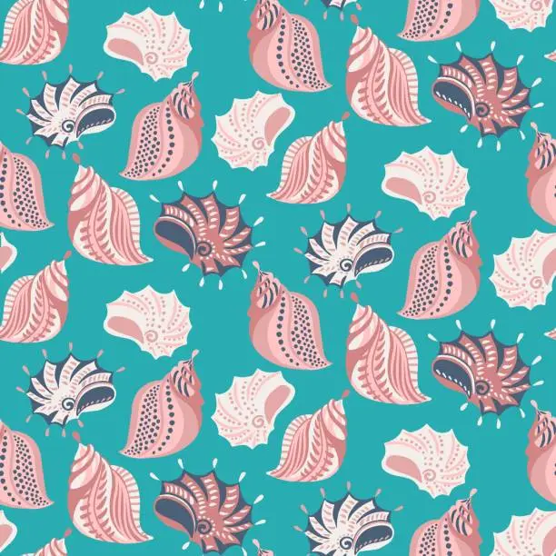 Vector illustration of Trendy Sea seamless pattern with pastel seashells. Marine bright print.  Vector doodle hand drawn sketch. Retro summer background. Design for fashion, textile, fabric, wallpaper