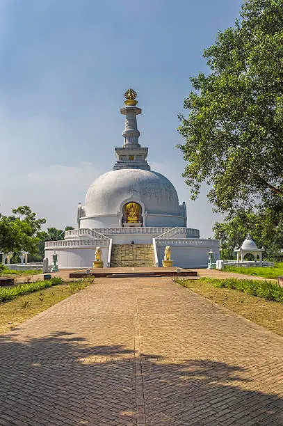 World Peace Pagoda situated in Vaishali, Patna, Bihar, India. It was built by the Japanese Nichiren Buddhist Sect. A small part of the Buddha's relics found in Vaishali have been enshrined in the World Peace Pagoda.