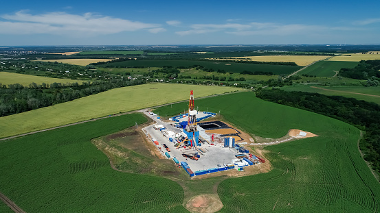 Gas production rigs. Gas production, processing and transportation. View from a drone.