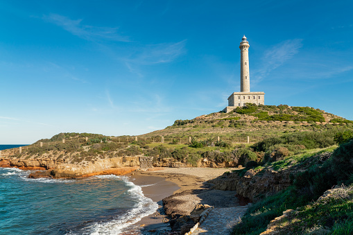 Cabo de Palos Lighthouse, situated in Cape Palos, La Manga del Mar Menor, Murcia, Spain. The lighthouse was been in operation since 1865. Can be visited and offer spectacular view of all region.