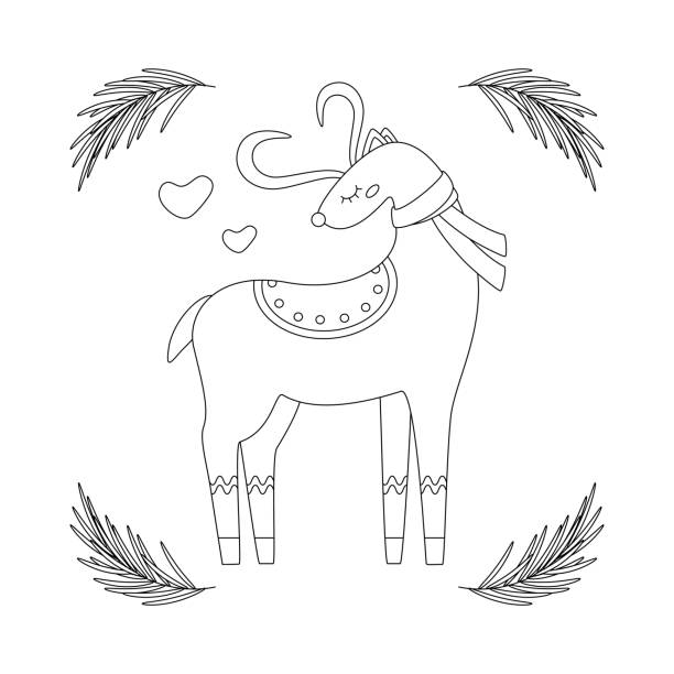 istock Set of Christmas deer in a scarf, frame with tree branch. 1846963486