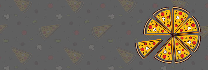Banner, flyer, background with copy space for text. Top view  pizza. Pattern seamless background. Fast food. Basil, tomato, salami, olive, mushroom,  sausage. Pizza cutter