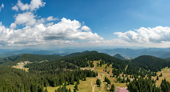 View at Rhodope mountains and Pamporowo ski resort from the top of Snezhanka tower. Smolyan province, Bulgaria, Europe.