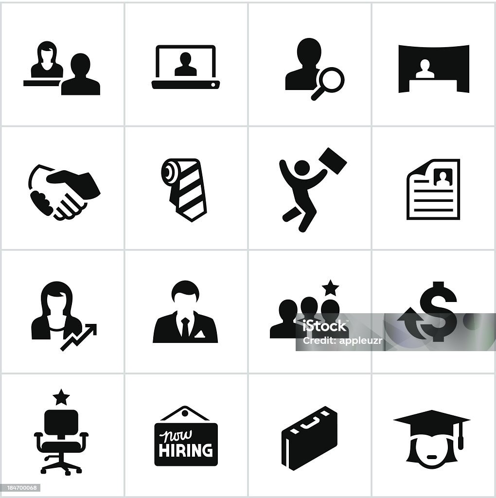 Black Hiring Icons Hiring and employment icons. All white strokes are cut from the icons and merged allowing the background to show through. Icon Symbol stock vector