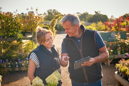 Mature Man And Woman Working Outdoors In Garden Centre Using Digital Tablet