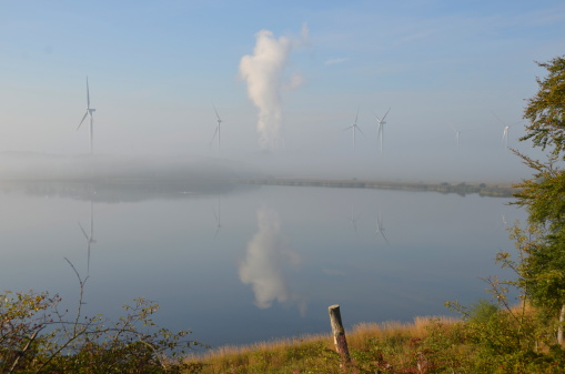 A wind farm near Lochgelly on a misty morning