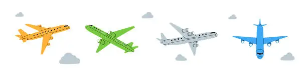 Vector illustration of Plane set. Air transport. Passenger airplanes silhouette. Vector illustration.