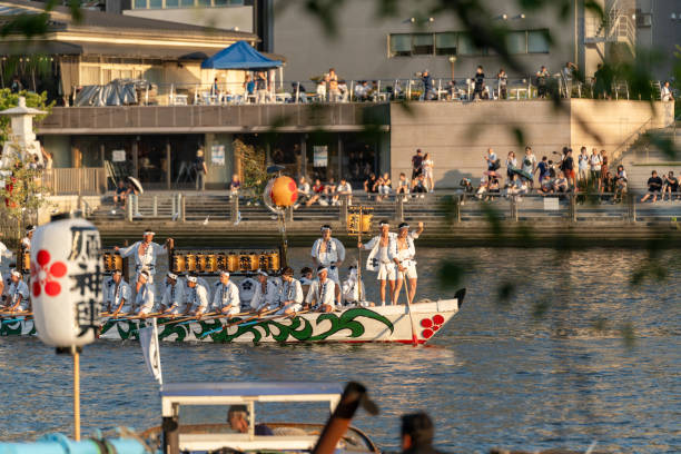 Osaka, Japan - July 25 2023 : Tenjin Matsuri Festival. Osaka, Japan - July 25 2023 : Tenjin Matsuri Festival. Festival boats along Okawa River. osaka summer stock pictures, royalty-free photos & images