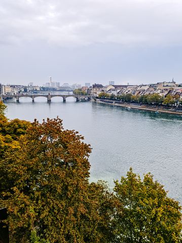View of the Middle Bridge (Mittlere Brücke) and riverside of Rhine in Basel, Switzerland.