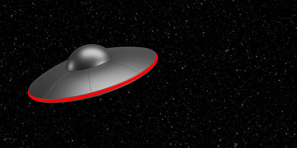 A lone UFO moves towards the camera against a space background. The UFOs have glowing red lights on the sides. Large copy space.