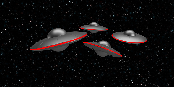 Galactic squadron of 4 UFOs in space, in front of galaxies, heading towards to the camera. The UFOs have glowing red lights on the sides.