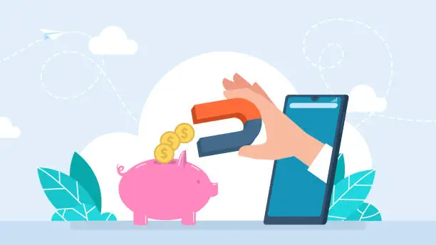 Vector illustration of Hand holding large magnet from smartphone attract money from piggy bank. Money loss, financial debt, expense growth, economic crisis, budget management, less income, paying credit. Vector illustration
