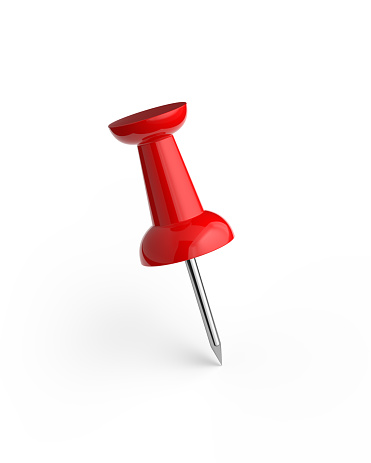 Realistic 3D red push pin isolated on white background.