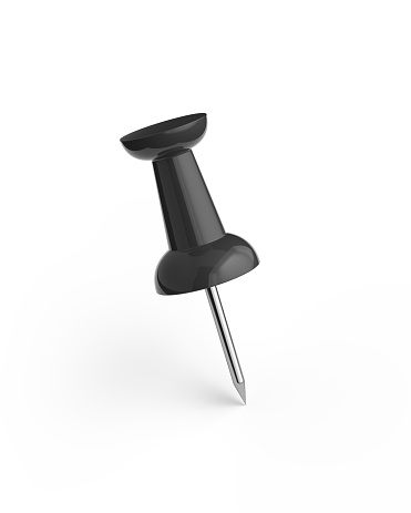 Realistic 3D black push pin isolated on white background.