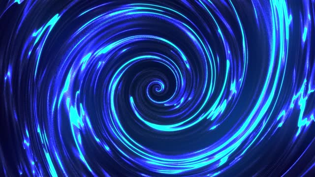 Energy Vortex. Liquid hypnotic looped aqua swirl turning. Luminous whirlpool. Abstract digital swirl. Motion. Rotating swirling shapes particles. 3D rendering. 4k animation.
