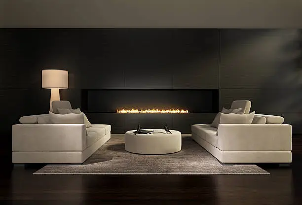 3d render of a Dark contemporary interior, a living room with a flat gas fireplace