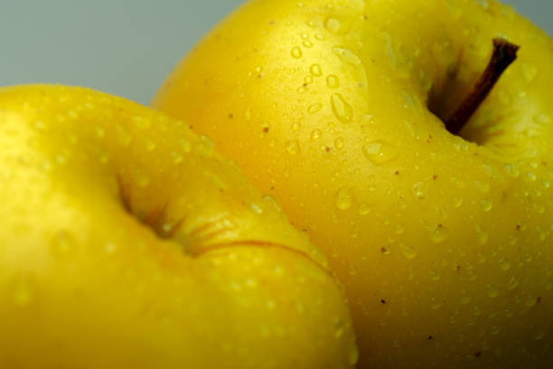 Yellow ripe apple with dew drops on the peel, close-up, conceptual abstract art image, macro