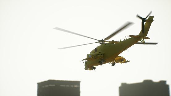 Yellow helicopter during a rescue operation in the city. 3d render